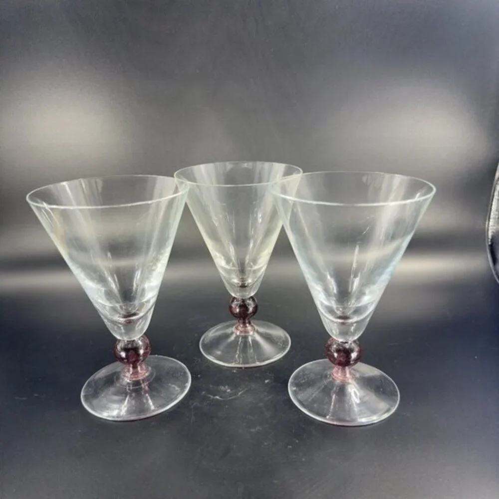 Martini Cosmo Cocktail Glass Bubble Ball Stem Purple Base  Barware Set 3 Glasses